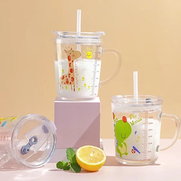 Cartoon Printed Glass Sipper Mug With Lid